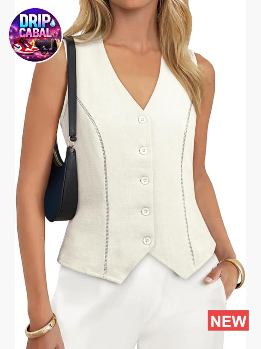 Slim Fitted Sleeveless Linen Blend Vest Top, Button Down Work Blazer Waistcoat